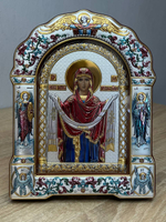 Покрова БМ, икона арочная с рамкой под стеклом, красное дерево, эмаль 167х228