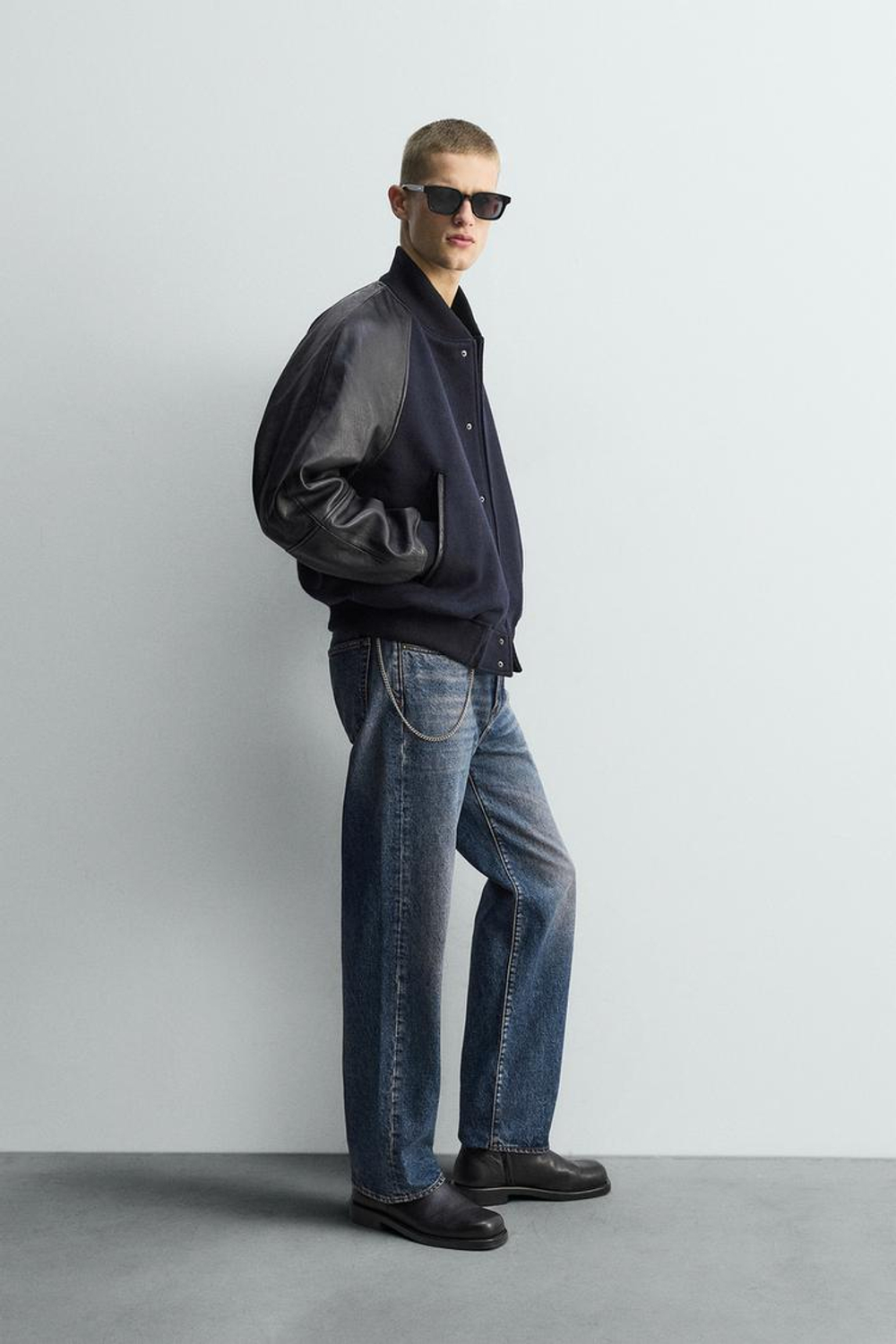 ZARA КОМБИНИРОВАННЫЙ КОЖАНЫЙ БОМБЕР LIMITED EDITION, МОРСКОЙ ТЕМНО-СИНИЙ