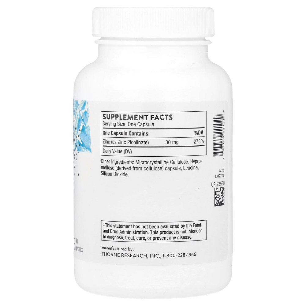 Thorne, пиколинат цинка, 30 мг, 180 капсул