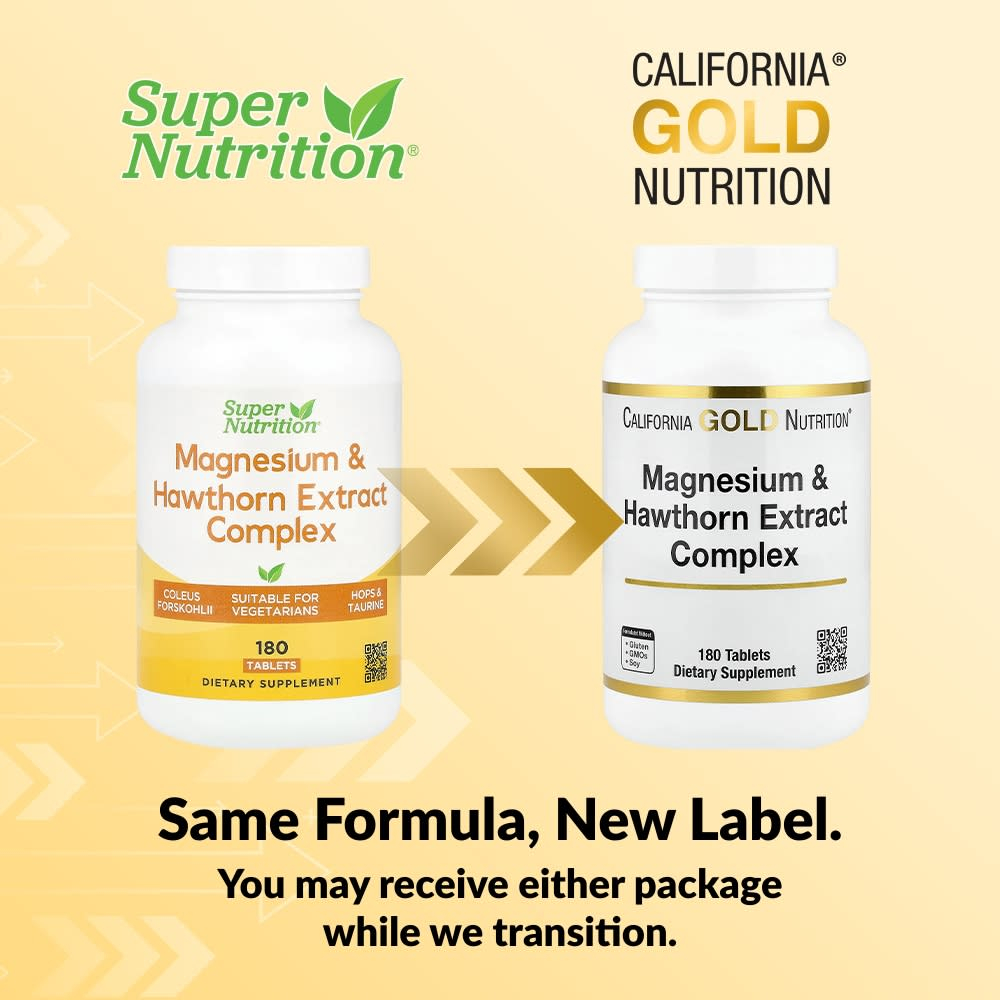 California Gold Nutrition, комплекс с магнием и экстрактом боярышника с таурином, экстрактом тропической мяты и хмелем, 180 таблеток
