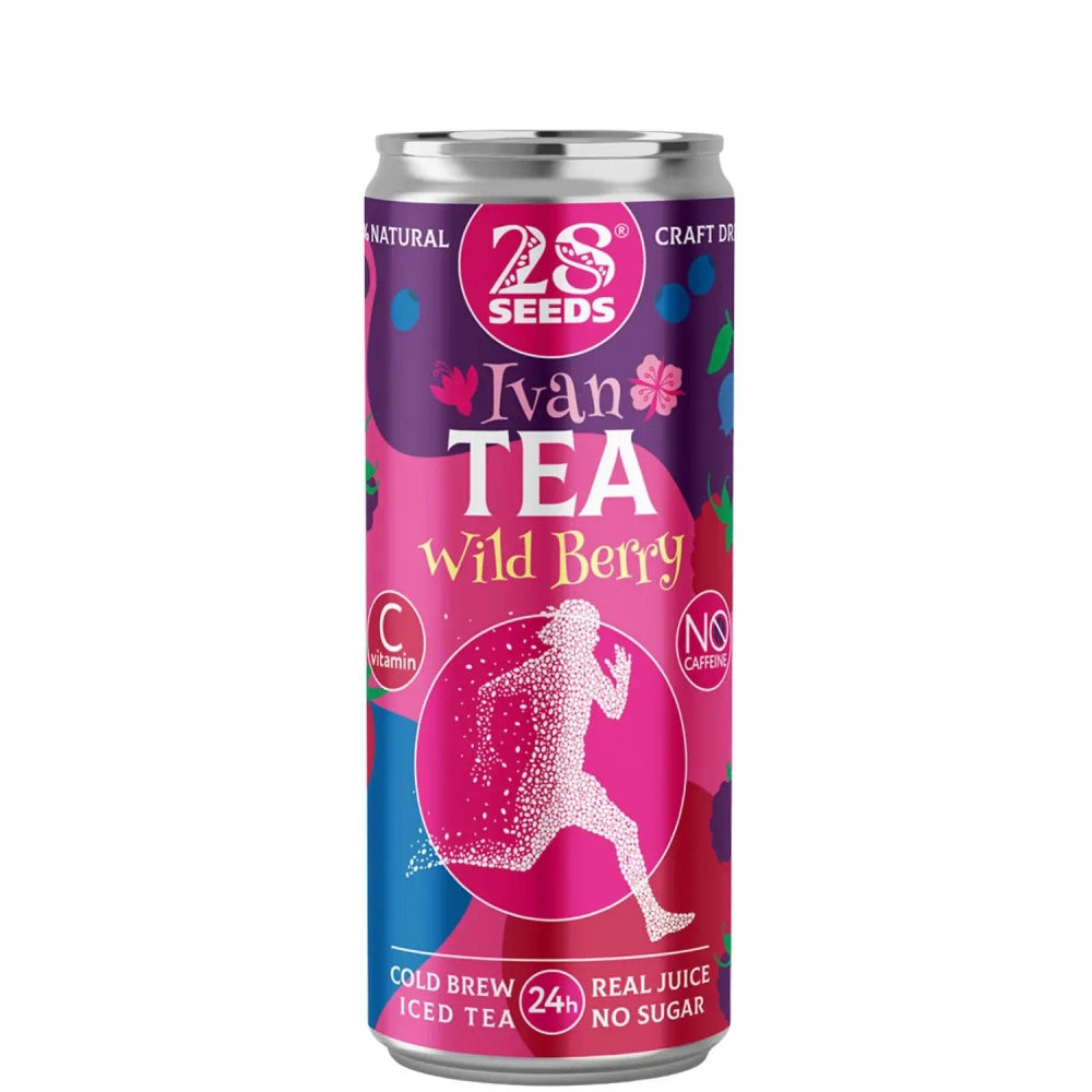 Иван-чай «Колд брю» Лесные ягоды 28SEEDS, холодный травяной чай в банке, вид спереди
