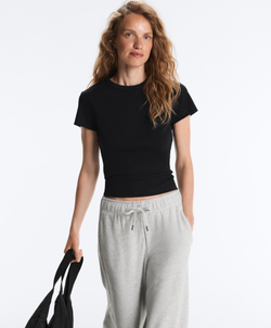 Oysho Футболка Rib Fit из смесового хлопка, черный