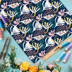 Ткань шелк Армани разноцветные водоросли на синем фоне