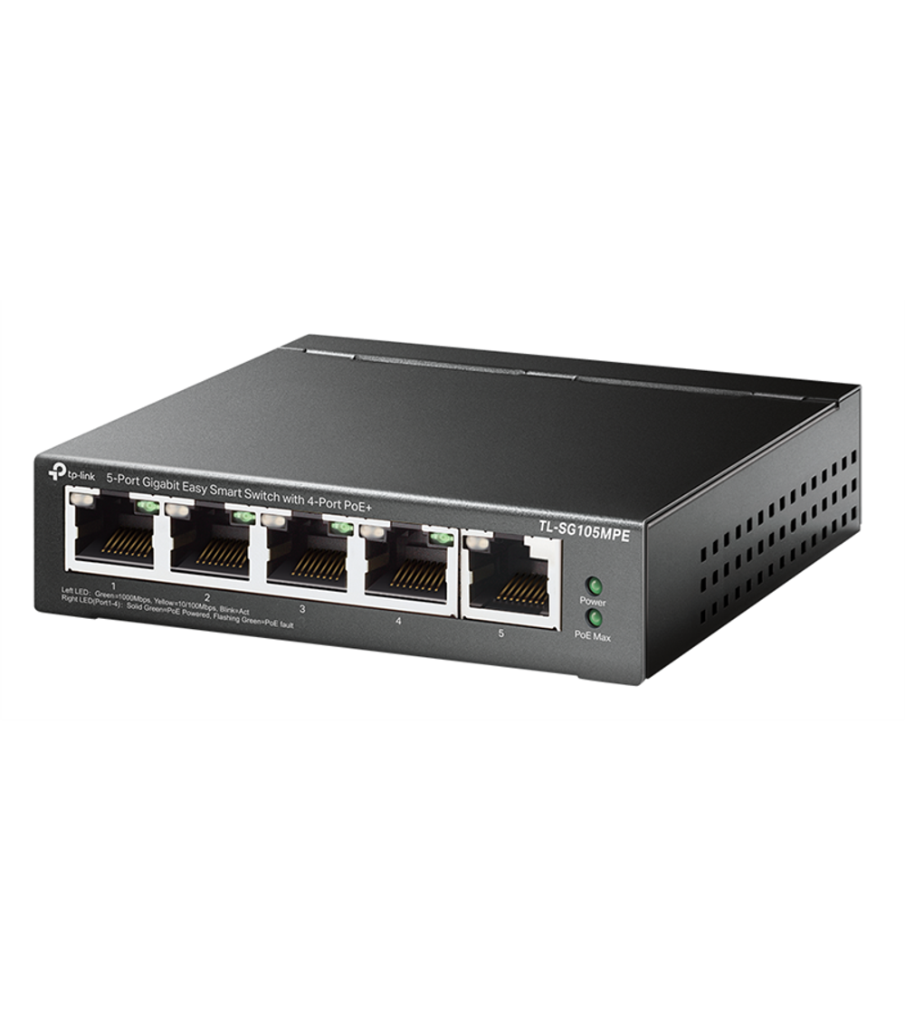 TP-Link TL-SG105MPE, Коммутатор Easy Smart с 5 гигабитными портами (4 порта PoE+), 802.3af/at, бюджет PoE — 120 Вт, стальной корпус