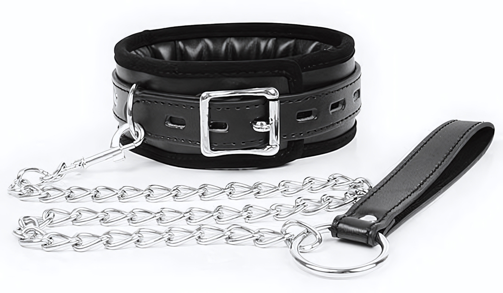 Черный ошейник на металлическом поводке с ручкой-петлей (Цвет: черный)