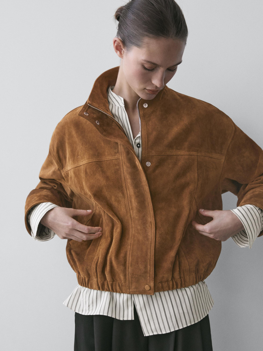 Massimo Dutti Короткий замшевый бомбер, цвет верблюжьей шерсти