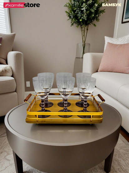 Поднос прямоугольный 35х25 см. бамбуковый с ручками металлическим бортиком