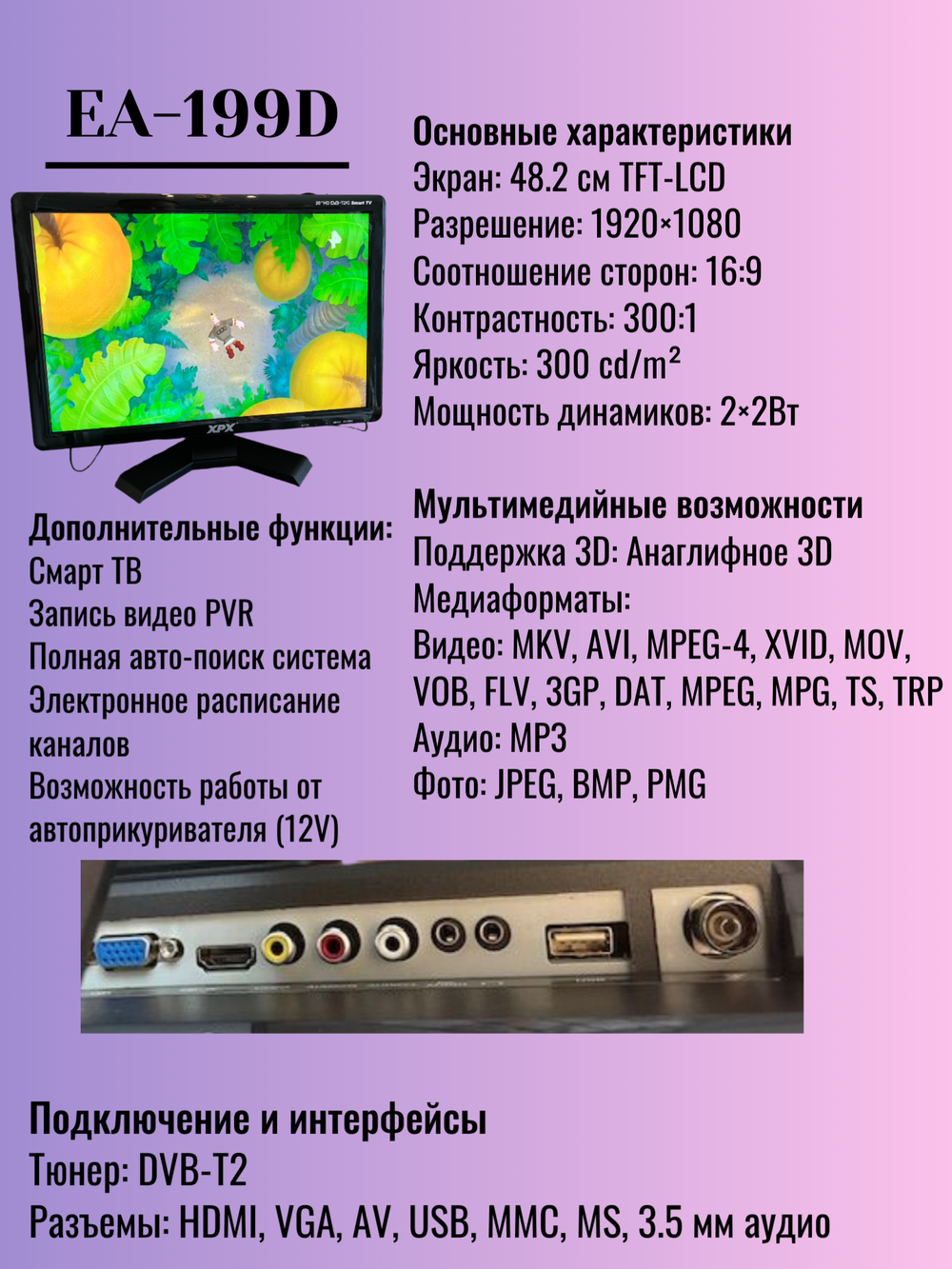 Телевизор на кухню, в авто 20" Full HD, Smart TV, черный