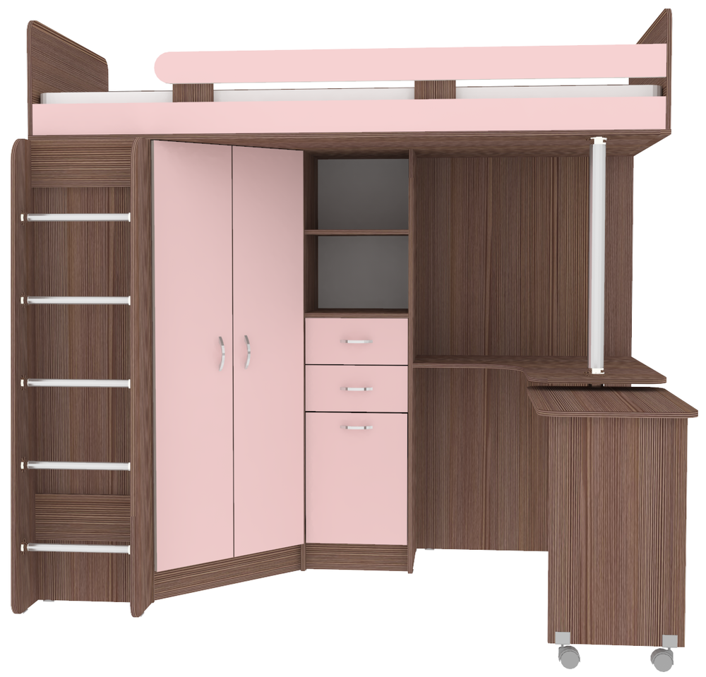 Кровать-чердак КарИВи Юниор 3 с металлической лестницей Бодего Темный Розовый