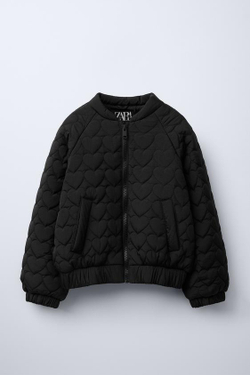 ZARA БОМБЕР СО СТЕГАНЫМ УЗОРОМ «СЕРДЕЧКИ», ЧЕРНЫЙ