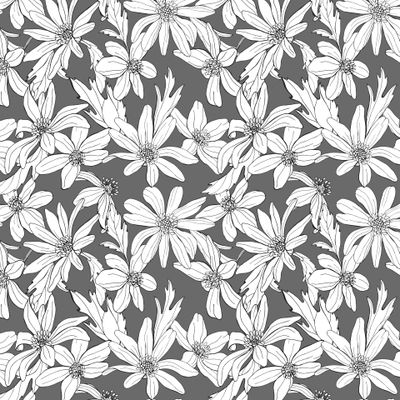 Ботанический узор на сером фоне. Анемоны, лютики, ромашки.