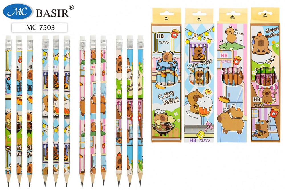Карандаш ч/г НВ "Капибара" с ластиком, шестигран. корп. 4 дизайна (Basir) (Комплект 12шт.)