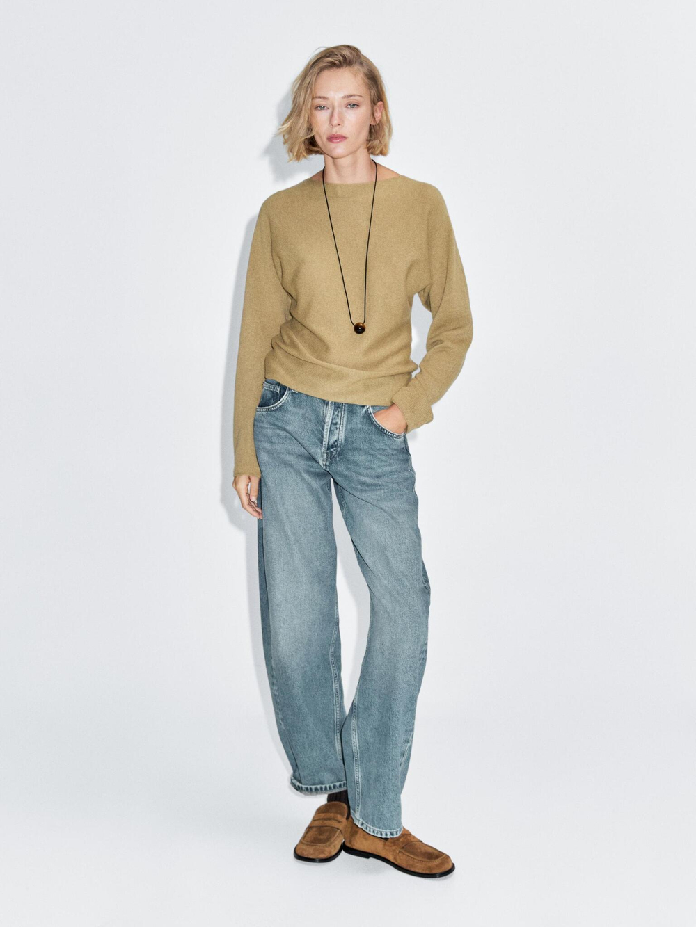 Massimo Dutti Свитер с вырезом «лодочка», светло-зеленый