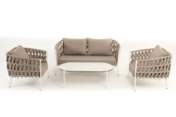 "Диего" лаунж-зона 4-местная плетеная из роупа (веревки), каркас алюминиевый белый, роуп бежевый