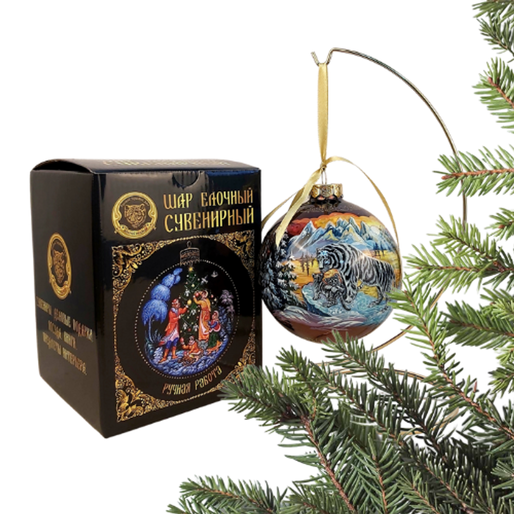 Шар новогодний (круговая роспись Палех) Белый тигр в коробке