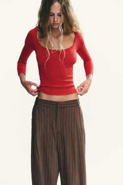 ZARA БЕСШОВНЫЙ ТОП В РУБЧИК С БАНТОМ, КРАСНЫЙ