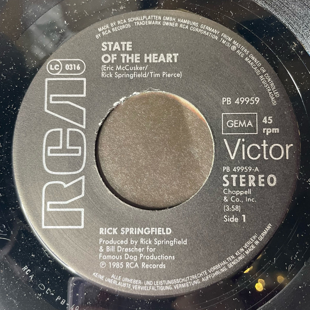 Винтажная виниловая пластинка 7 дюймов (маленькая пластинка) Rick Springfield State Of The Heart (Германия 1985)
