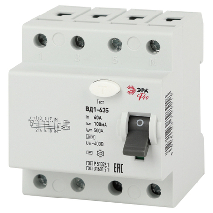 УЗО ЭРА PRO NO-902-155 ВД1-63S 4P 40А 100мА тип АC электромеханическое