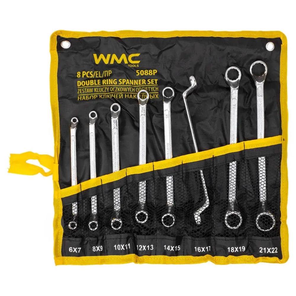 Ключи накидные, отогнутые на 75град., набор 8пр. (6х7, 8х9, 10х11, 12х13, 14х15, 16х17, 18х19, 21х22мм) WMC TOOLS WMC-5088P