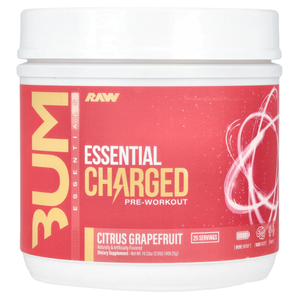 Raw Nutrition, Bum Essentials, Essential Charged перед тренировкой, цитрусовый и грейпфрут, 406,25 г (14,33 унции)