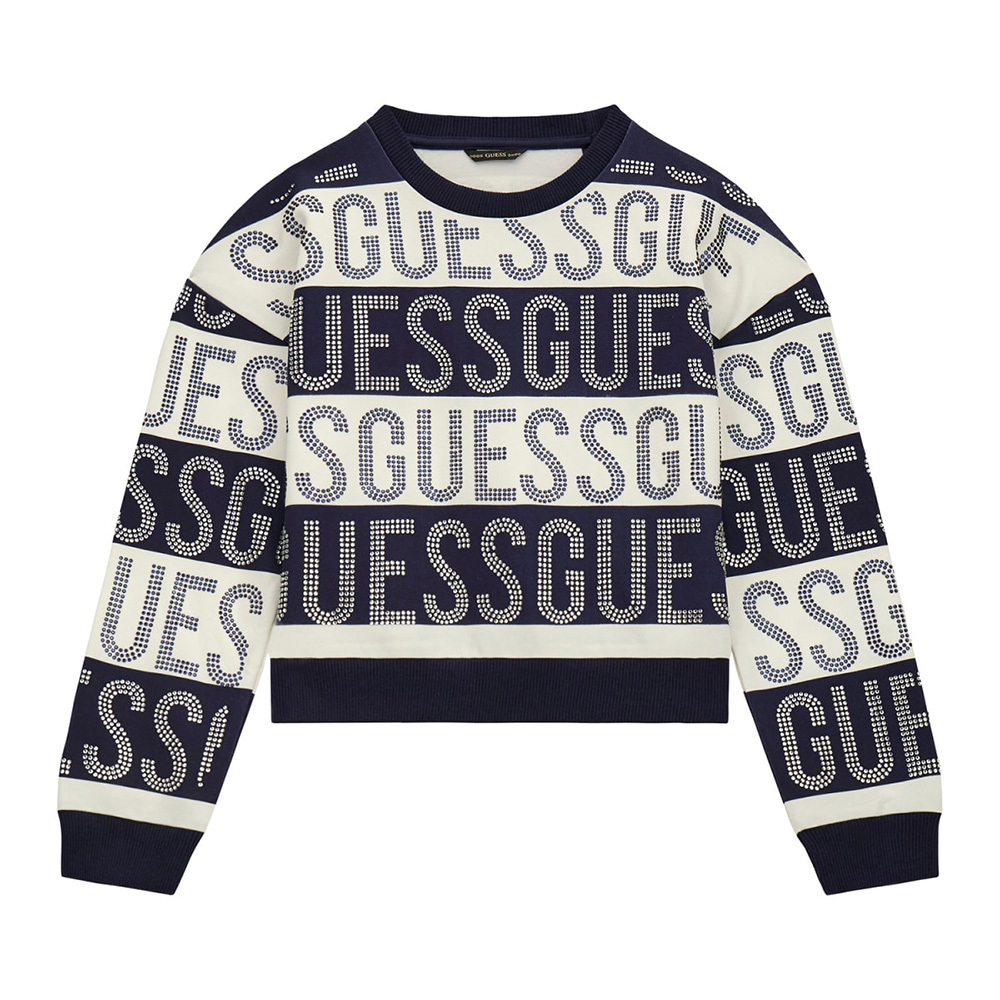 Свитшот GUESS Синий/Белый/Полосы/Надписи из прозрачных и синих страз Девочка