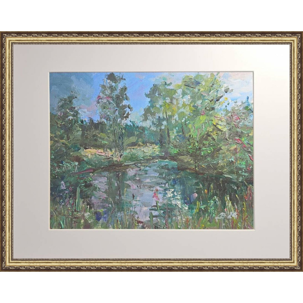 Картина авторская маслом на холсте в паспарту 30х40 см на стену для интерьера "Лесное озеро"