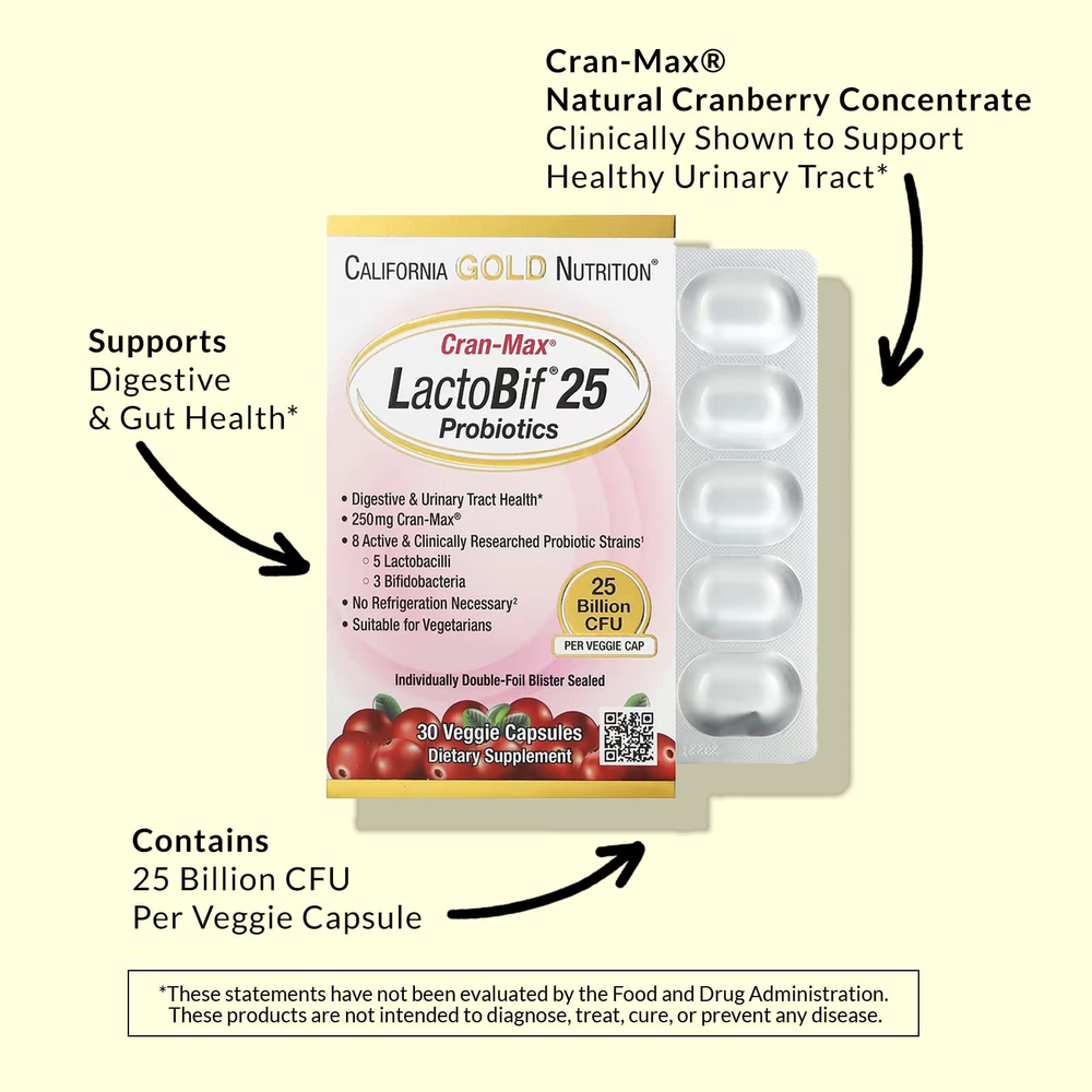 California Gold Nutrition, CranMax®, LactoBif®, пробиотики, 25 млрд КОЕ, 30 растительных капсул