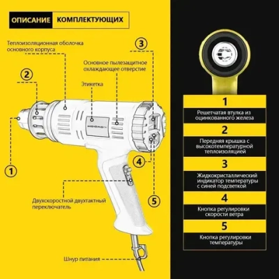 фен строительный HOOMOTEK 2000 Вт с Дисплеем, Регулировкой Температуры 60-650 C, 3 Сопла - Идеален для Пайки, Удаления Краски, Ремонта строительный фен.