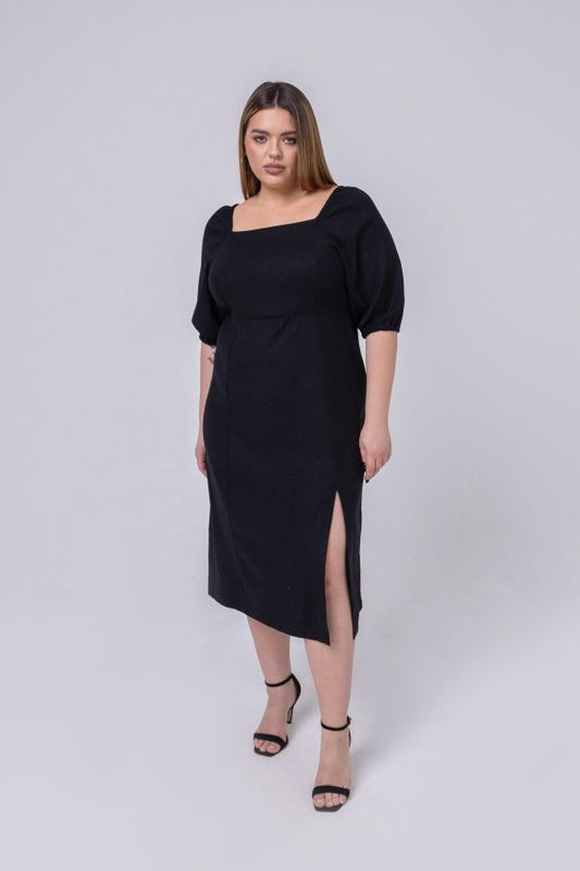 Платье льняное миди с вырезом каре, черный