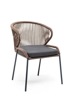 "Милан" стул плетеный из роупа, каркас алюминий серый (RAL7022) муар, роуп коричневый круглый, ткань темно-серая 027