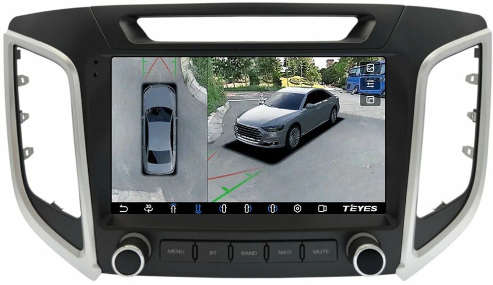 Магнитола для Hyundai Creta 1 2016-2021 (без штатной КЗВ, рамка с крутилками) - Teyes CC3-2K-360 монитор 9.5" 2K QLED на Android 10, 6Гб+128Гб, CarPlay, 4G SIM-слот, 4 камеры в комплекте