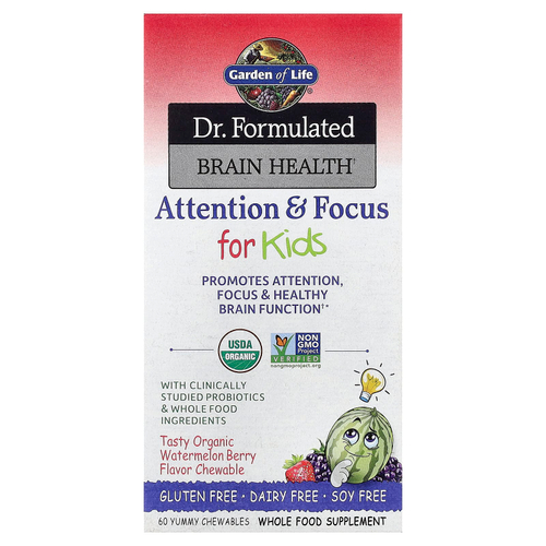 Garden of Life, Dr. Formulated Brain Health, внимание и концентрация для детей, вкус арбуза и ягод, 60 вкусных жевательных таблеток