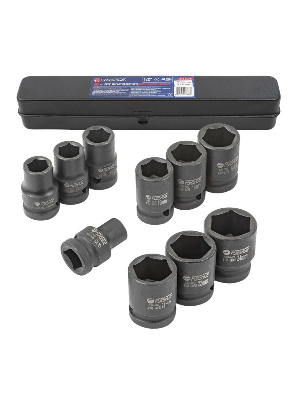 Набор головок ударных 10пр.1/2''(6-гран)(10,12,13,14,16,17,19,21,22,24,мм), в металл. кейсе Forsage F-4109-5MPB