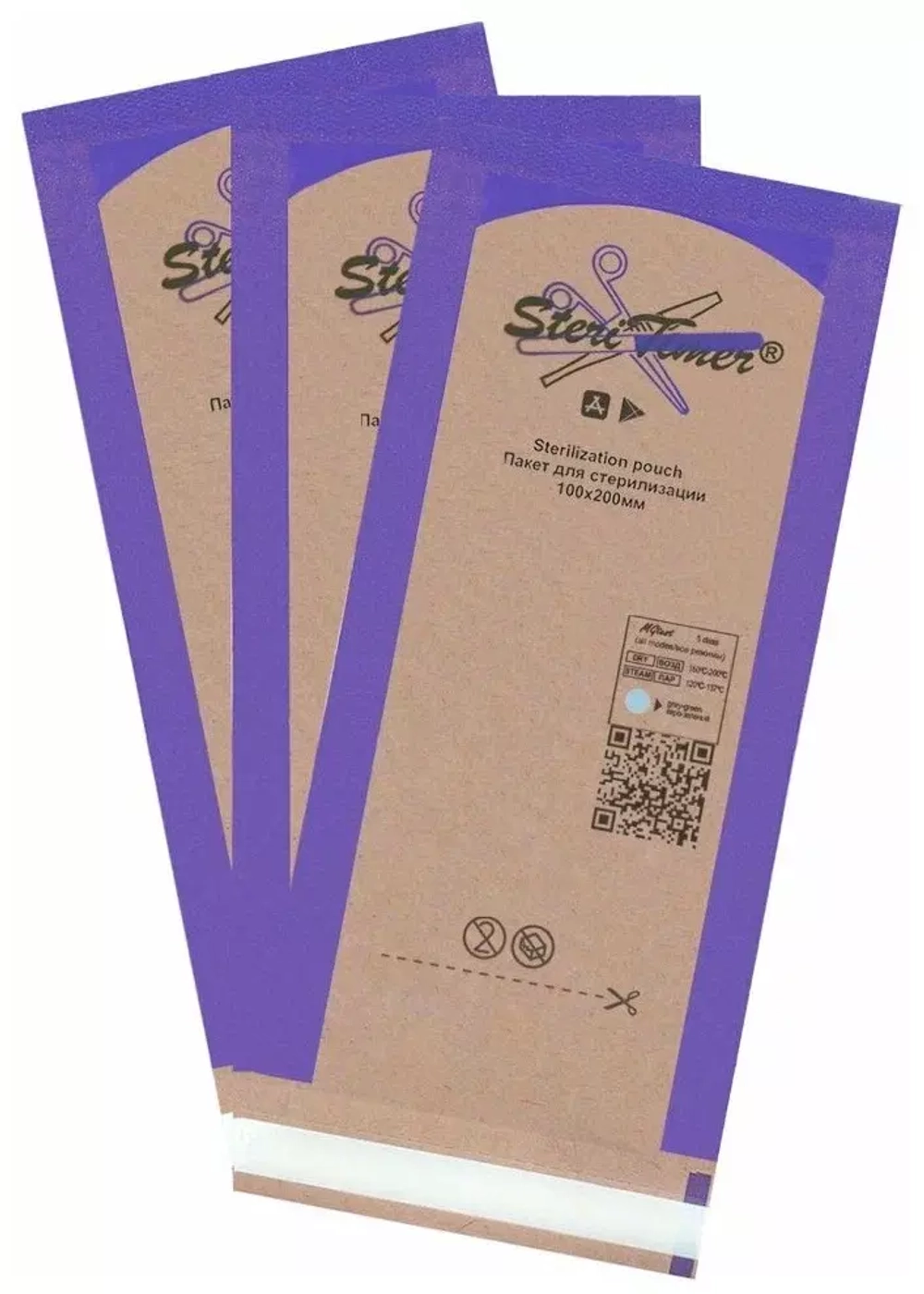 Крафт пакеты для стерилизации STERITIMER 100х200 мм (100 шт. в упаковке) комбинированные, прозрачные