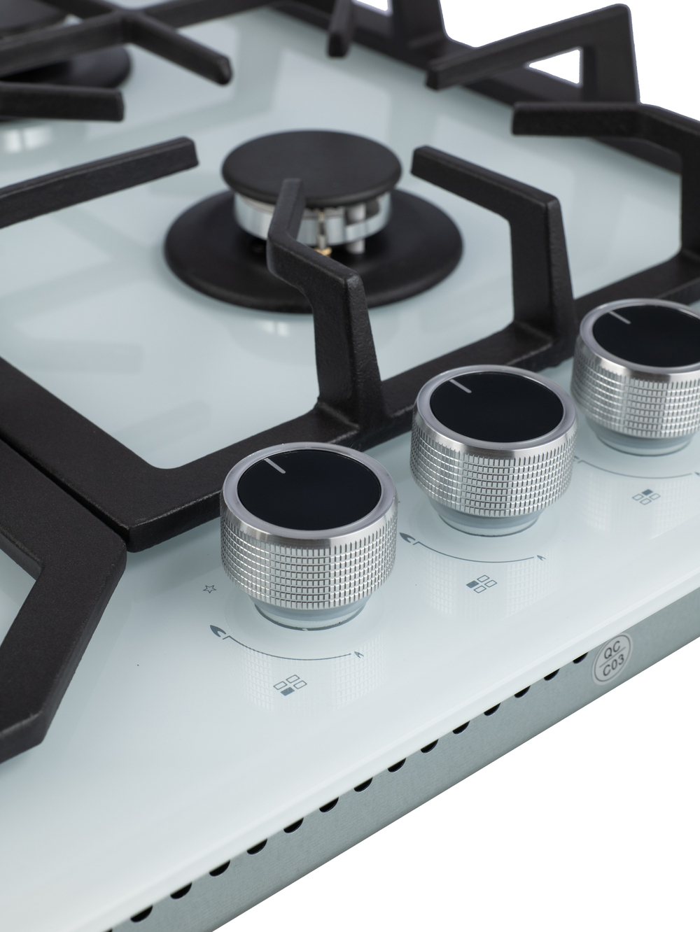 Газовая варочная панель шириной 60 см, Macbi MBH64WFGI.V2-WH с Wok-конфоркой, Белое закаленное стекло, Электроподжиг, Газ-контроль, Решетки из чугуна