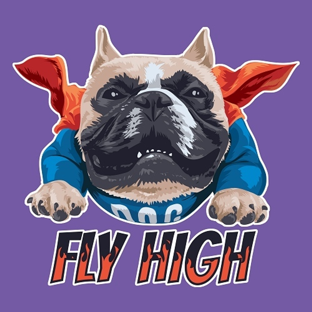 принт PewPewCat с бульдогом Fly High для фиолетовой футболки