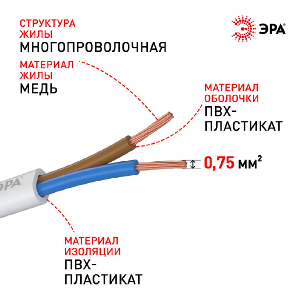 Провод ЭРА ШВВП 2х0,75 мм2 5м белый