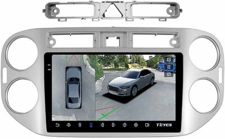 Магнитола для Volkswagen Tiguan 1 2007-2011, Golf Plus (аварийка треугольная, рамка серебро) - Teyes CC3-2K-360 на Android 10, 2K QLED, 6Гб+128Гб, CarPlay, 4G SIM-слот, 4 камеры в комплекте