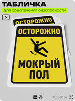 Табличка для обеспечения безопасности "Осторожно, мокрый пол", для офиса, по охране труда для предприятия, организаций, 40х30 см, Silver Plane x Айдентика Технолоджи