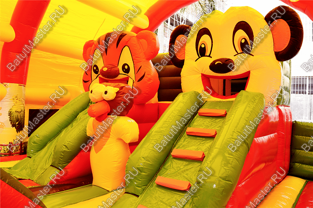 Надувной батут "Зверята с крышей 3" со скалодромом, 11*7*6 м