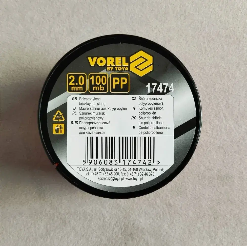 Шнур разметочный каменщика красный 2,0 мм х 100 м, VOREL
