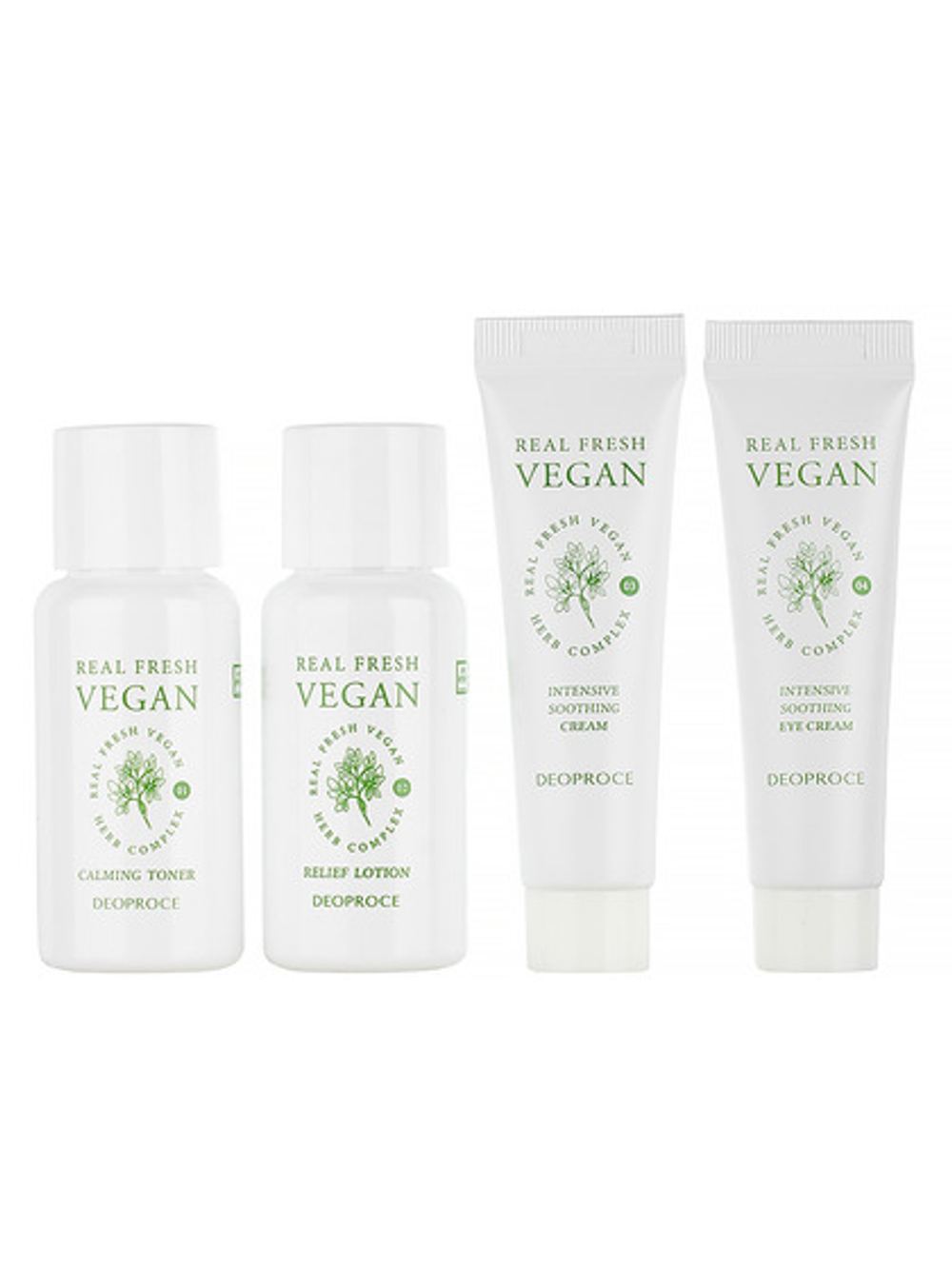 DEOPROCE Средства для лица с растительным комплексом / Real Fresh Vegan Mini Kit, набор 30мл/30мл/10мл/10мл