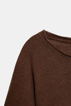 ZARA ФУТБОЛКА ИЗ ХЛОПКА И ЛЬНА, КОРИЧНЕВЫЙ