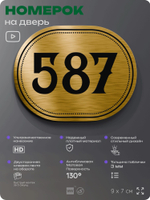 Номерок на дверь квартиры 587, для кабинета, офиса, шильдик 9 х 7 см, золотистый, Айдентика Технолоджи
