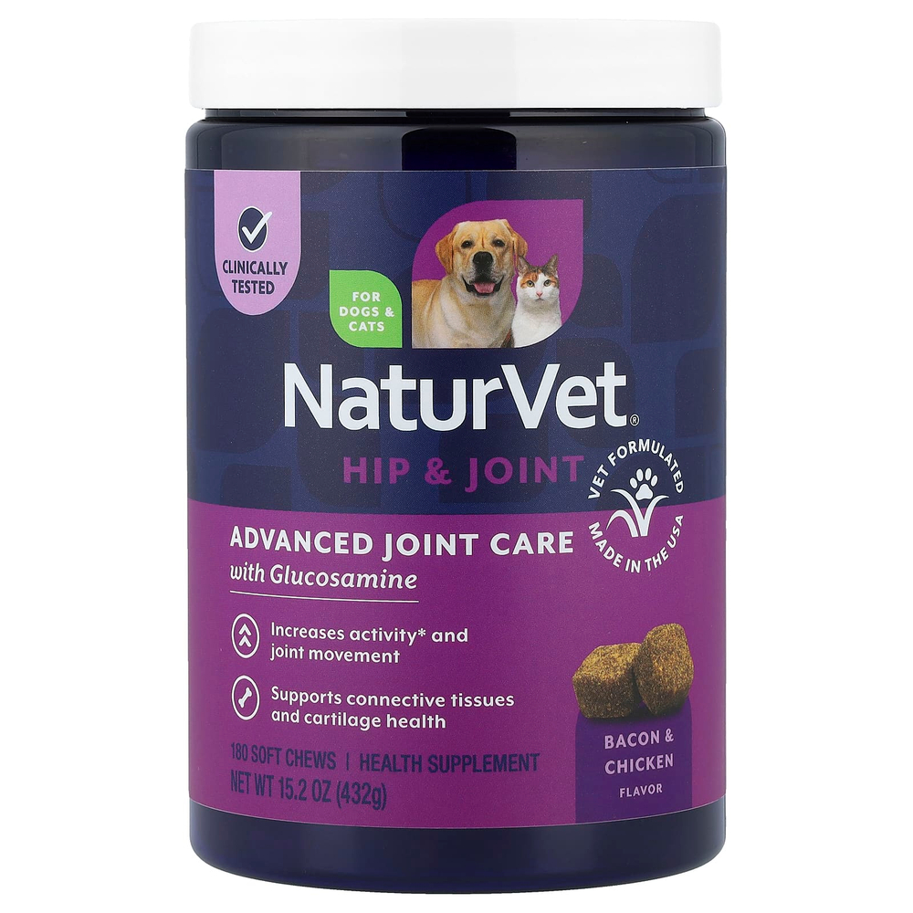 NaturVet, Hip & Joint, улучшенная формула для здоровья суставов с глюкозамином, для собак и кошек, со вкусом бекона и курицы, 180 жевательных таблеток, 432 г (15,2 унции)