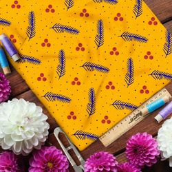 Ткань мембрана редкие рябина и хвойные ветки на жёлтом фоне