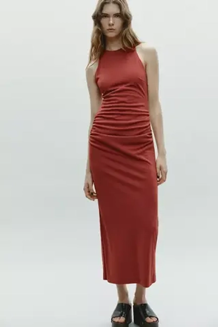 ZARA ПЛАТЬЕ МИДИ С ГОРЛОВИНОЙ ХАЛТЕР И СКРЕЩЕННЫМИ ДЕТАЛЯМИ НА СПИНЕ, МЕДНЫЙ
