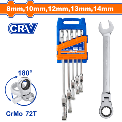 Набор шарнирных комбинированных ключей с храповиком 5 шт (12/24) WADFOW WSP5205
