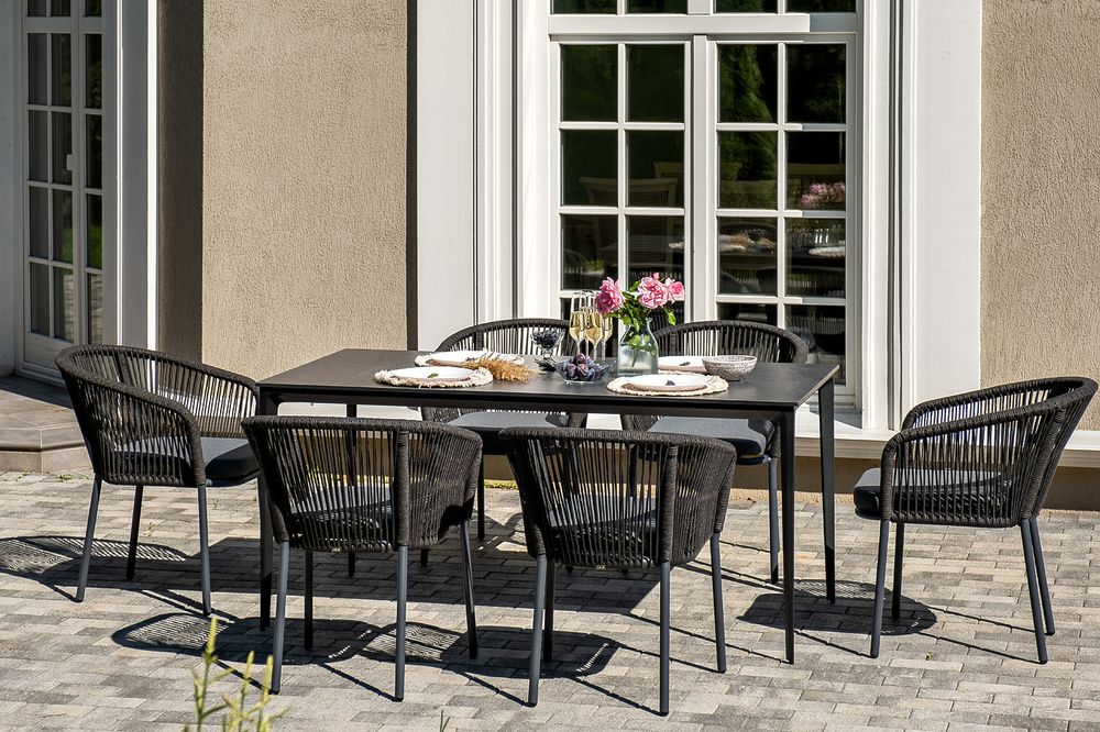 "Малага" обеденная группа на 6 персон со стульями "Марсель", каркас темно-серый, роуп темно-серый