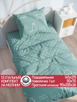 Постельное белье "КОТИКИ (мята)/Nicol" 1,5-сп наволочка 50х70 1шт Простынь на резинке 90х200 см Пододеяльник 145х215 см Сказка сатин